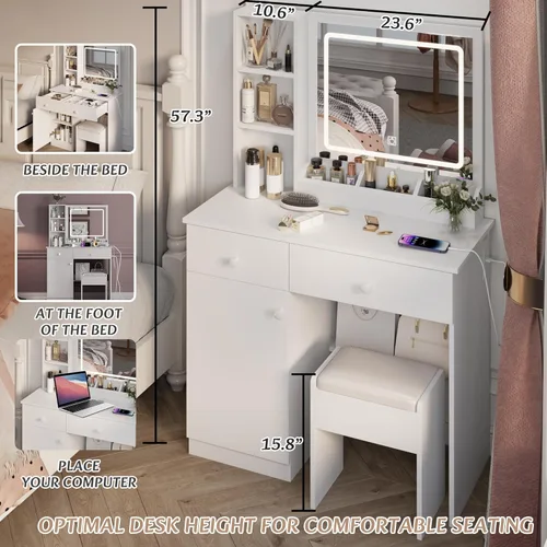 Vista 8 de Juego de tocador, tocador de maquillaje con gran espacio de almacenamiento y espejo, toma de corriente, banco de maquillaje con 2 cajones y taburete