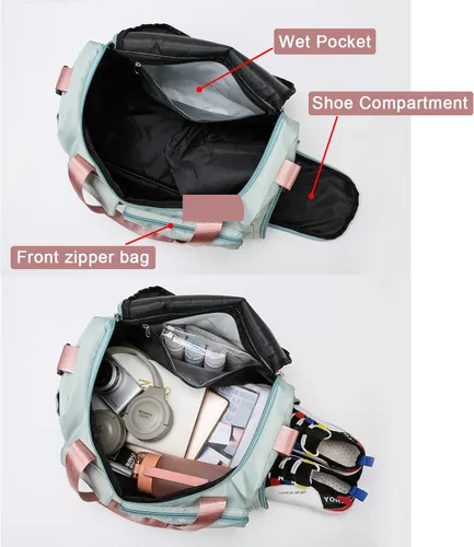 Vista 7 de Pequeña bolsa de gimnasio para mujer, bolsa de viaje con compartimento para zapatos