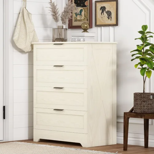 Vista 8 de FTZxHKLX Cómoda moderna de 4 cajones para dormitorio, cómoda alta con cajón grande y asas de oro rosa, organizador de almacenamiento de madera