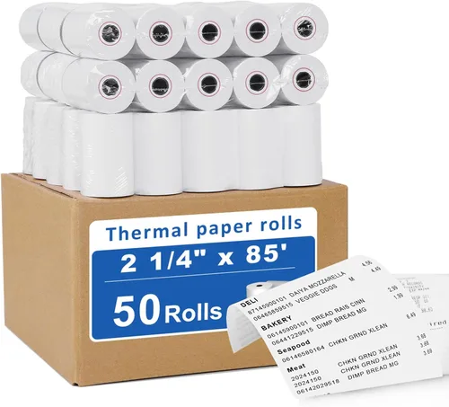 (50 rollos) Rollos de papel térmico de recibo de 2 1/4 x 85 pulgadas, se adapta a todas las cajas registradoras POS, para impresoras de caja