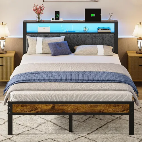 Vista 9 de Liians Base de cama de plataforma de tamaño individual con luces LED, cabecera tapizada gris con estantes de almacenamiento de 2 niveles, estación