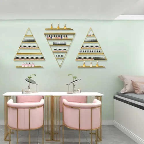 Vista 17 de Estante de almacenamiento de esmalte de uñas de metal para montar en pared, organizador de esmalte de uñas triangular de 5 niveles, soporte de Negro