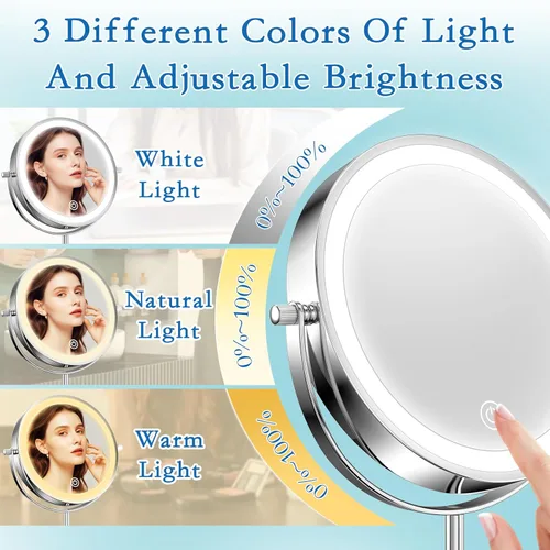 Vista 3 de Espejo de tocador con luces de 7 pulgadas, recargable 1x/10x, espejo de maquillaje iluminado, altura ajustable, espejo de doble cara con luces