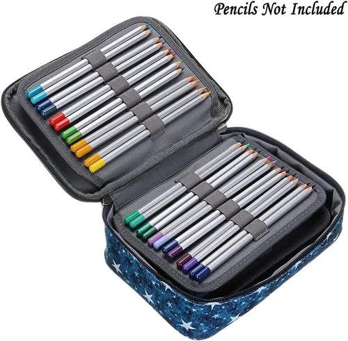Vista 6 de BTSKY Estuche para bolígrafos y lápices con cremallera con patrón - Estuche multifuncional para artículos de papelería con 36 ranuras elásticas Azul