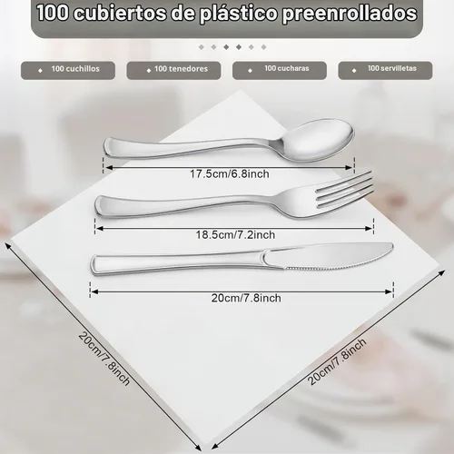 Vista 4 de Paquete de 100 cubiertos de plástico preenrollados azules, cubiertos enrollados azules con servilletas, juego de cubiertos de plástico preenrollados