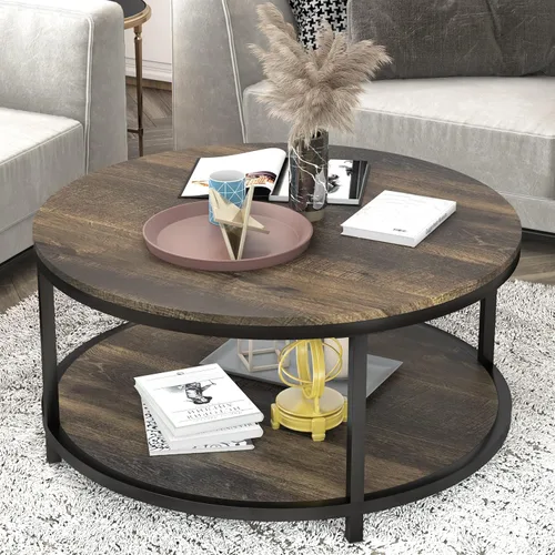 Vista 20 de NSdirect Mesa auxiliar redonda, mesa de centro pequeña de 25.6 pulgadas para sala de estar, escritorio de madera rústica de 2 niveles con estante