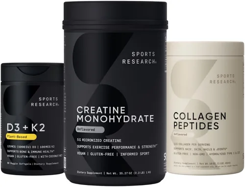 Sports Research® Paquete de suplementos - Monohidrato de creatina + D3 vegano 5000iu con vitamina K2 100 mg + péptidos de colágeno para mujeres y