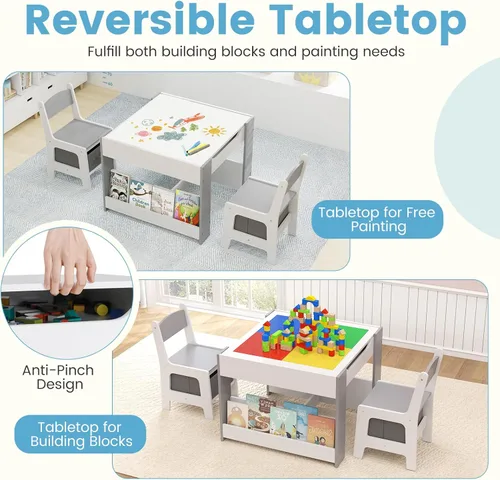 Vista 2 de INFANS Juego de Mesa y Silla para Niños, Escritorio de Actividad de Bloques de Construcción 4 en 1 de Madera con Tablero Reversible, Cajones