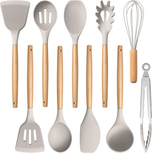 Vista 22 de E-far - Juego de utensilios de cocina de silicona, 5 piezas, juego de utensilios de cocina negros con mango de madera para cocinar, espátulas