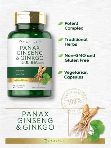 Vista 4 de Carlyle Panax Ginseng y Ginkgo 120 cápsulas vegetarianas Suplemento sin OMG y sin gluten