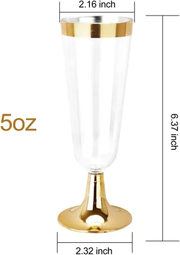 Vista 3 de bUCLA Paquete de 100 copas de champán de plástico dorado, copas de champán de plástico de 5 onzas con borde dorado, vasos desechables dorados