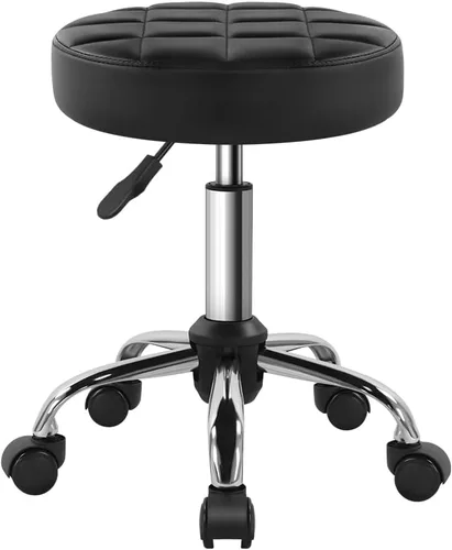 BFTOU Taburete giratorio clásico negro con ruedas para salón, trabajo, hogar, spa, tienda, ajustable en altura y rentable, silla taburete rodante