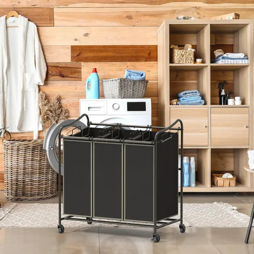 Vista 5 de Simple Houseware Carrito rodante clasificador de lavandería de 3 bolsas resistente, bronce