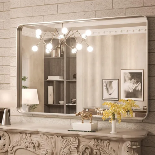 Vista 89 de TokeShimi Espejo de pared de baño de níquel cepillado de 20 x 30 pulgadas, marco de metal, esquina redonda, rectangular, para decoración del hogar