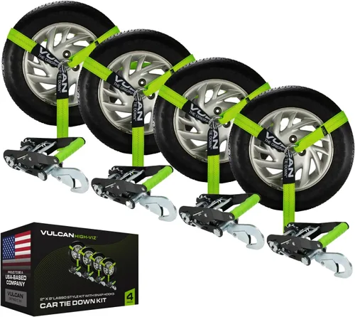 Vista 12 de VULCAN - Correa de amarre para auto con anclajes de cadena, estilo lazo, 2 x 96 pulgadas, paquete de 4 unidades, amarillo clásico, carga de trabajo