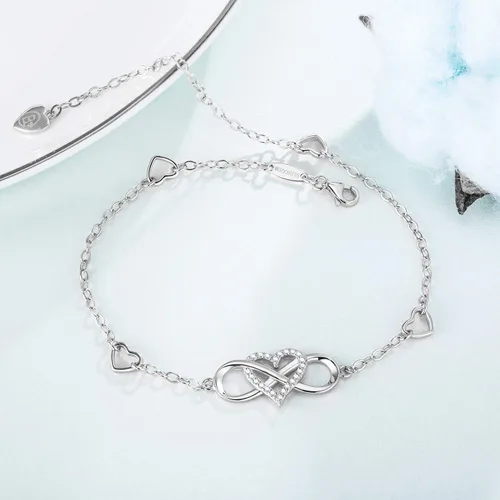 Vista 3 de BlingGem Tobilleras para mujer de plata de ley 925, pulsera de tobillo Infinity Hear con circonita cúbica, oro rosa, verano, playa, elegante cadena