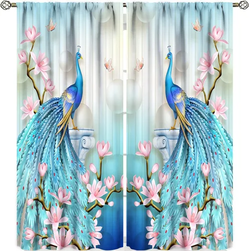 Vista 15 de Cortinas opacas de pavo real, hermoso patrón de estampado de flores de pavo real azul, estampado de mariposas y pavo real, juego de 2 paneles
