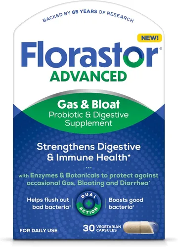 Florastor Probiótico avanzado para gases y hinchazón, enzimas digestivas y botánicos, además de probióticos para la salud digestiva, 30 cápsulas