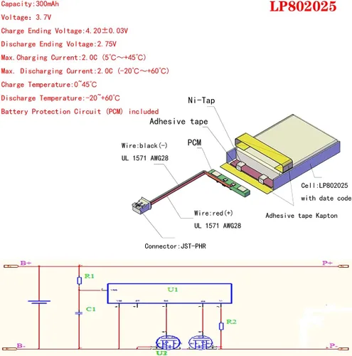 Vista 3 de Batería recargable de iones de polímero de litio de 3,7 V 300 mAh 802025 Lipo con conector JST PH 0.079 in