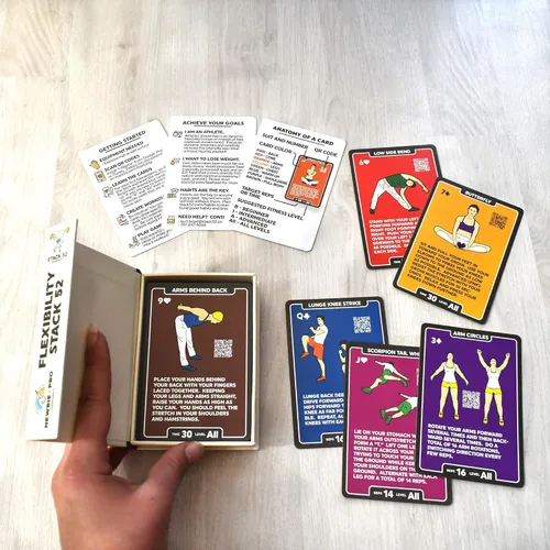 Vista 6 de Stack 52 Tarjetas de ejercicios de flexibilidad. Aprende estiramientos estáticos y dinámicos. Instrucciones de video incluidas. Perfecto