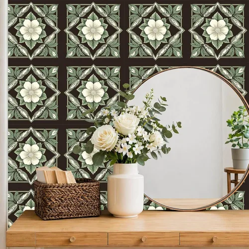 Vista 3 de IVN 10 azulejos de suelo de 12 x 12 pulgadas con patrón de crema botánica oscura para despegar y pegar, calcomanías de vinilo autoadhesivas