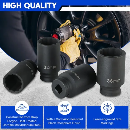 Vista 3 de DASBET Juego de dados de impacto profundo de 1/2 pulgada, 4 piezas, juego de llaves de impacto de eje profundo de alta resistencia, 12 puntos