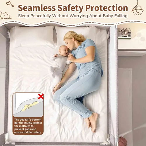 Vista 7 de Barandilla de cama de tamaño individual de 3 piezas para niños pequeños, protector de riel de cama de bebé de altura ajustable con barra