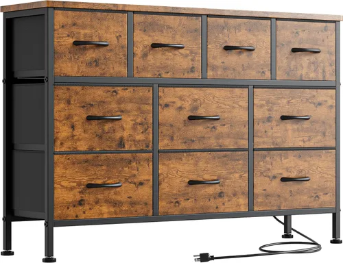 Vista 10 de Mueble de TV con toma de corriente, cómoda de 43 pulgadas de largo para dormitorio con 10 cajones de tela, cómoda para sala de estar, pasillo