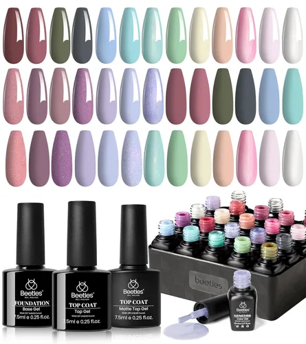 Vista 26 de Beetles - Juego de esmaltes de uñas de gel, 20 colores, rosa, blanco, negro, amarillo, rojo, con brillantina, UV, LED, kit de esmalte de gel
