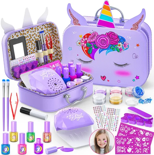 Vista 8 de Juego de esmalte de uñas para niños y niñas, kit de arte de uñas con secador de uñas y calcomanías de uñas DIY, juguetes de kit de uñas para niñas