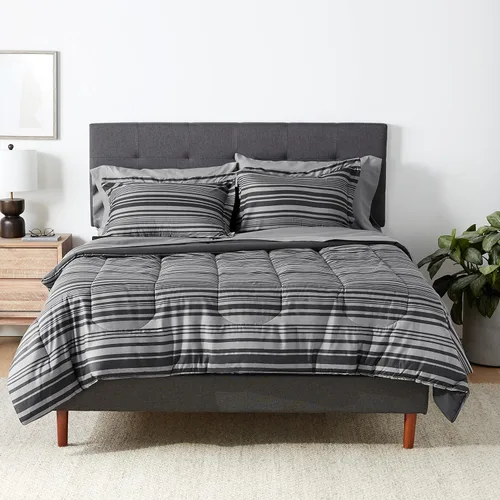 Vista 36 de Amazon Basics - Juego de edredón Twin/Twin XL con sábanas, juego de ropa de cama de 5 piezas, microfibra ligera azul Calvin a rayas, en una bolsa