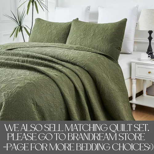 Vista 6 de Brandream Olive Green Floral Vine Quilted Pillow Shams Set of 2 ?Luxury 100% Cotton Botanical Stitching Decorative Pillow Covers, Soft Breathable