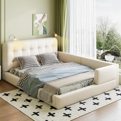 Vista 15 de Harper & Bright Designs Base de cama con plataforma de almacenamiento elevable de tamaño individual con cabecera capitonada de canal vertical Beige