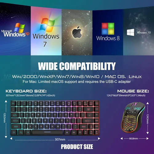 Vista 6 de Combo de teclado y mouse inalámbricos RedThunder K84, batería recargable con retroiluminación arco iris, teclado ultra compacto TKL de 75%