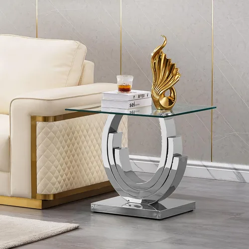 Vista 20 de Mesa de centro de cristal dorado de lujo para sala de estar, moderna mesa central rectangular de 51 pulgadas con base de acero inoxidable espejo