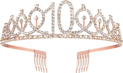 Vista 2 de Fabulosa tiara y banda de oro rosa para fiesta de cumpleaños número 10 de niñas