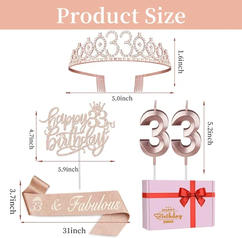 Vista 6 de Decoraciones de cumpleaños de 33 años para mujeres, incluyendo banda de cumpleaños, tiara/corona, velas numéricas y decoración de pastel, regalos
