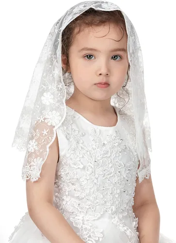 Vista 2 de PAMOR Velos de primera comunión para niñas, velo de capilla de encaje, velos de mantilla, velo de iglesia latina para bautismo católico en forma de D
