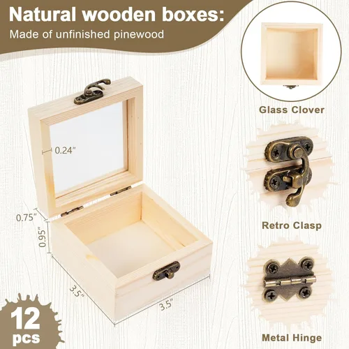 Vista 2 de Thyle 12 cajas de madera sin terminar con tapa con bisagras para manualidades, caja pequeña de madera en blanco, cajas de regalo de madera natural