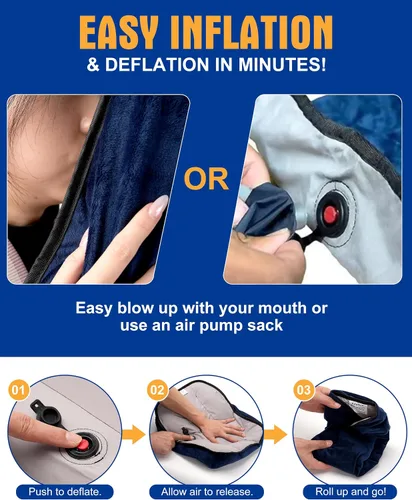 Vista 4 de Almohada inflable para acampar – Almohada de viaje compacta ultraligera, color azul picnic