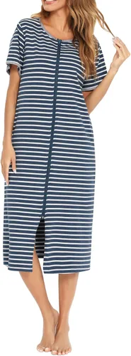 Vista 3 de Camisones de Manga Corta con Cremallera Frontal para Mujer, Batas de Algodón de Longitud Completa, Bata Suelta de Casa/Ropa de Descanso con Bl&blanco