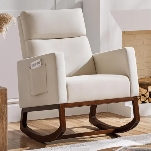 Yaheetech Mecedora, moderna silla deslizante, sillón reclinable con patas de madera y bolsillo lateral, silla mecedora para guardería con respaldo