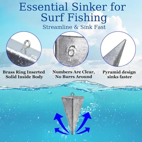 Vista 4 de Pyramid Sinkers Pesas de pesca de agua salada, peso de pesca para bagre, equipo de pesca de surf con caja de 1 oz, 2 onzas, 3 onzas, 4 onzas, 5