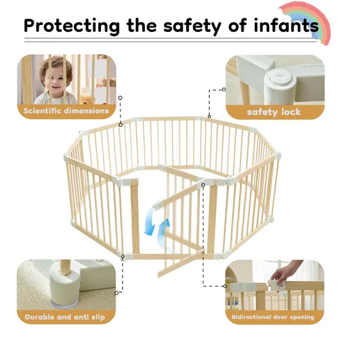 Vista 5 de Corralito para bebés, corralito para bebés y niños pequeños, patio de juegos plegable de madera con puerta, centro de actividades ajustable
