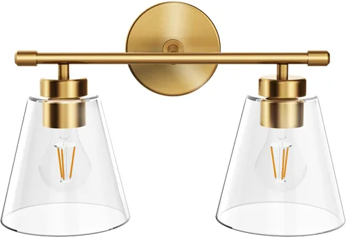 Vista 10 de Hamilyeah Lámpara de tocador de baño dorada con pantalla de vidrio esmerilado, 2 lámparas de tocador sobre espejo, 2 lámparas de pared para baño