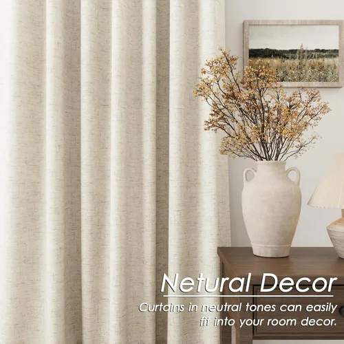 Vista 6 de Cortinas opacas de lino beige tostado de 84 pulgadas de largo para dormitorio, con pestaña trasera, cortinas de lino de arpillera, opacas, rústicas