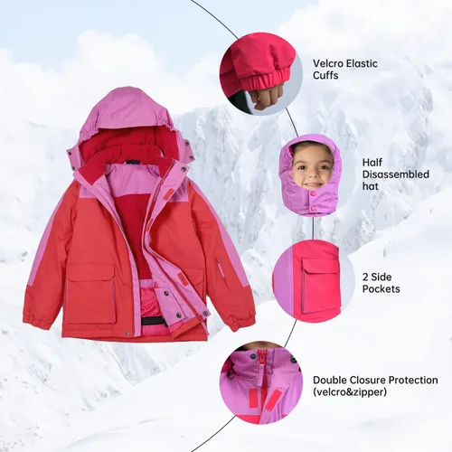 Vista 19 de Chaqueta de esquí impermeable para niñas, chaqueta de snowboard para exteriores, resistente al viento, con forro polar, abrigo de nieve cálido