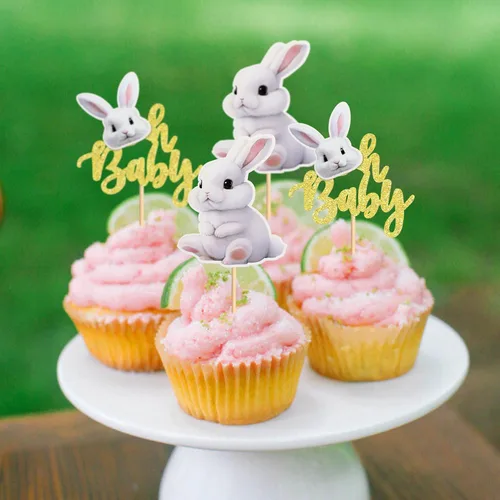 Vista 3 de Ercadio 24 piezas de decoración para tartas, con temática de conejo de Pascua para cumpleaños de primavera, suministros de fiesta de baby shower