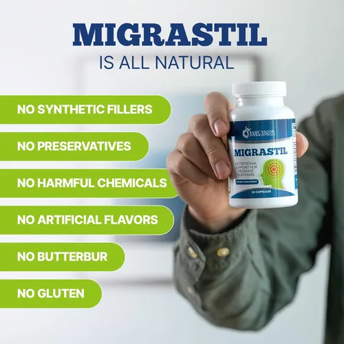 Vista 4 de Basic Vigor Migrastil Migraine Support Capsules. Feverfew, magnesio, taurina y vitamina B1 para migrañas. Suplemento natural. Fabricado