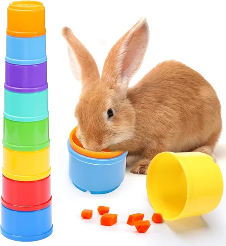 Vista 8 de MEWTOGO 8 Piezas Tazas Apilables para Conejo - Juguetes Reutilizables Multicolor para Conejos de Diferentes Tamaños, Juguetes de Anidación
